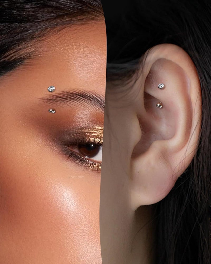 COCHARM Cute Titanium Rook Earrings 16g Silver Surgical Steel Rook Piercing Jewelry 6mm 8mm Eyebrow Rings Eyebrow Barbell Threaded Dainty Rook Bar Nickel Free - Image 1